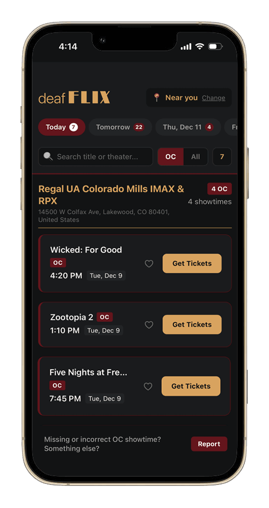 Open Caption Finder app showing open caption movie showtimes
